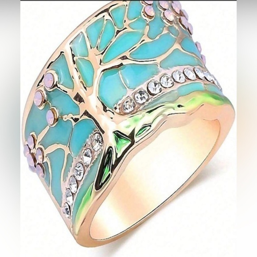 Elegant Gold and Turquoise Tree of Life Ring